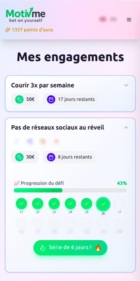 Le tableau de bord Motiv'me avec deux engagements en cours